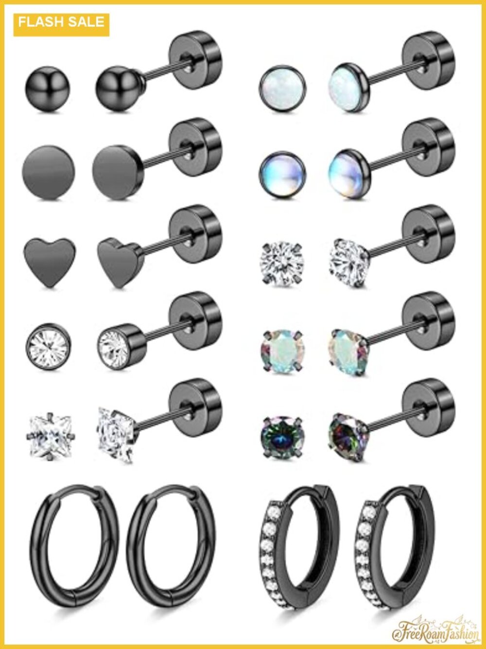 Hypoallergenic Surgical Steel Flat Back Stud Earrings 12 Pair Set for Sensitive